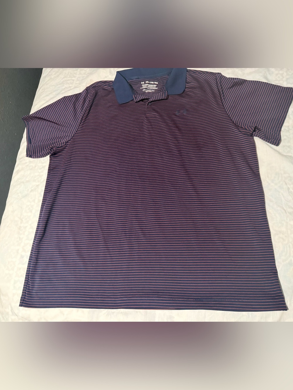 Under Armour Navy Polo performance with Thin Pink Stripes size XXL